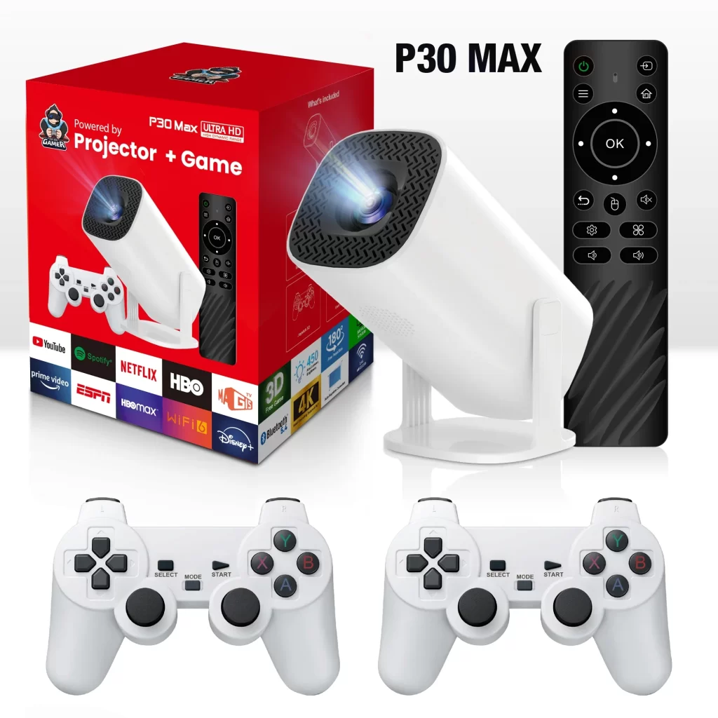 Projecteur de jeux 3D P30MAX Console de jeux vidéo rétro Contrôleur sans fil 4K ULTRA HD Plug and Play Android11 BT5.0 720P Home Cinema – Image 2
