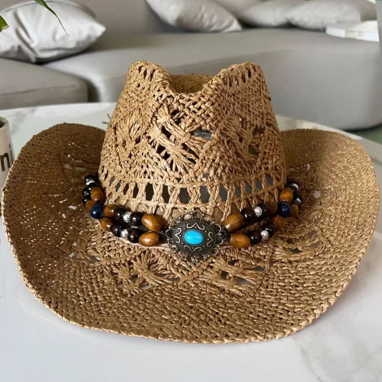 Chapeau de paille bohème d'été vintage femmes hommes chapeaux cowboy occidentaux perles en bois creux chapeau de soleil chapeau de vacances – Image 3