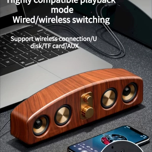 Haut-parleurs de bureau sans fil (grain de bois), haut-parleurs portables, stéréo 3D et subwoofer, musique, cadeaux d'amplification assistée par film – Image 4