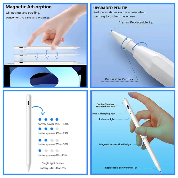 Stylus Pen pour Apple Pencil avec LED Power Indicators Palm Rejection Touch Pencil pour 2022 2021 2020 2019 2018 iPad Pencil – Image 2