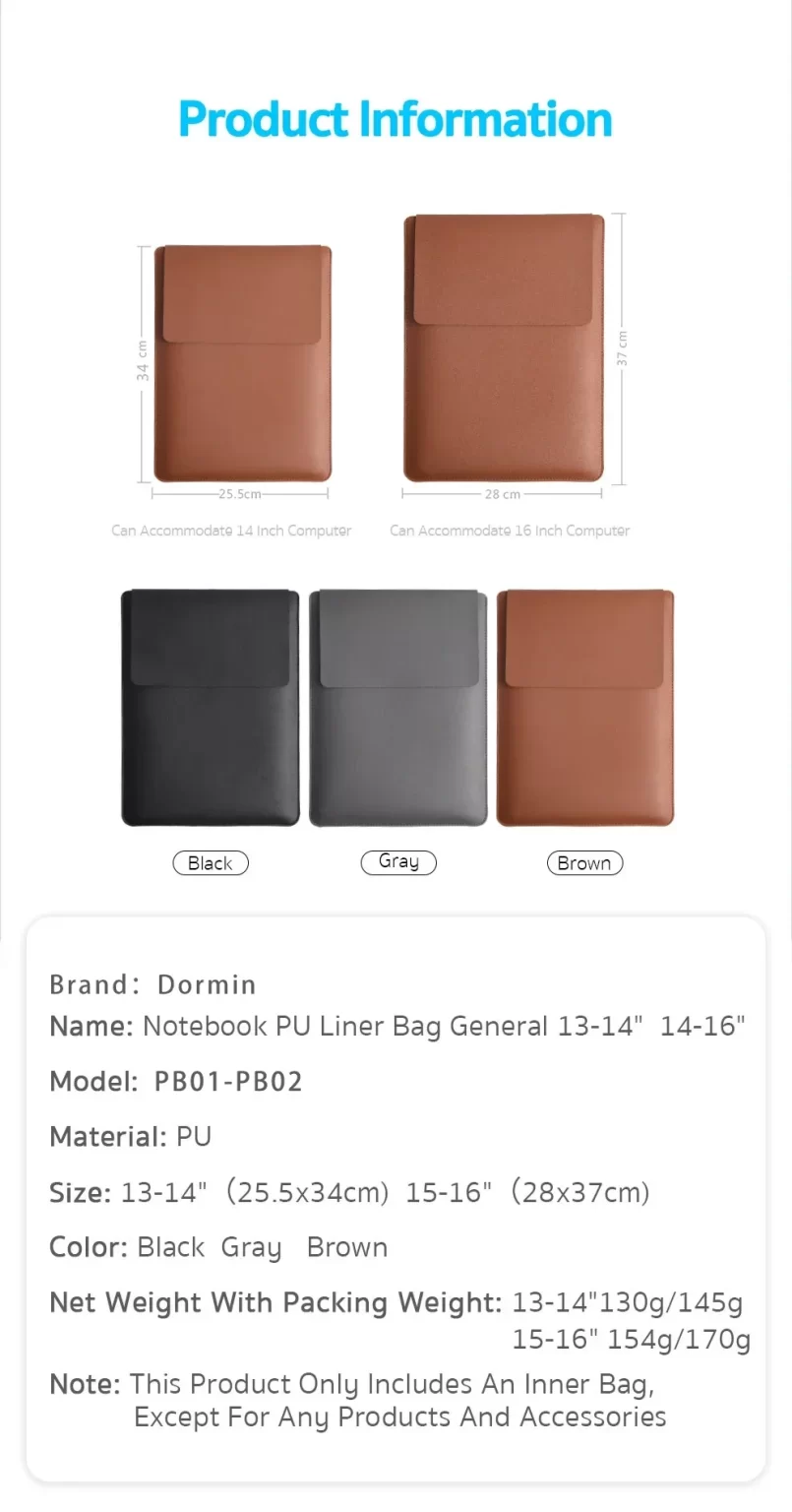 Dormin Laptop Sleeve Case pour Apple Macbook Air Pro 13 M1 M2 2020 Notebook Sleeve Case pour ASUS 11 12 13.3 14 15 15.6 16 Case – Image 2