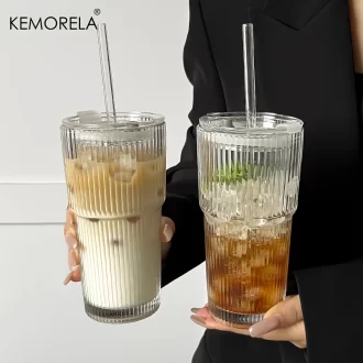600ML Stripe Glass Coffee Cup With Lid and Without Cover Straw Transparent Drinking Glasses for Juice Iced Coffee Mugs Drinkware (verre à café à rayures avec couvercle et paille transparente)