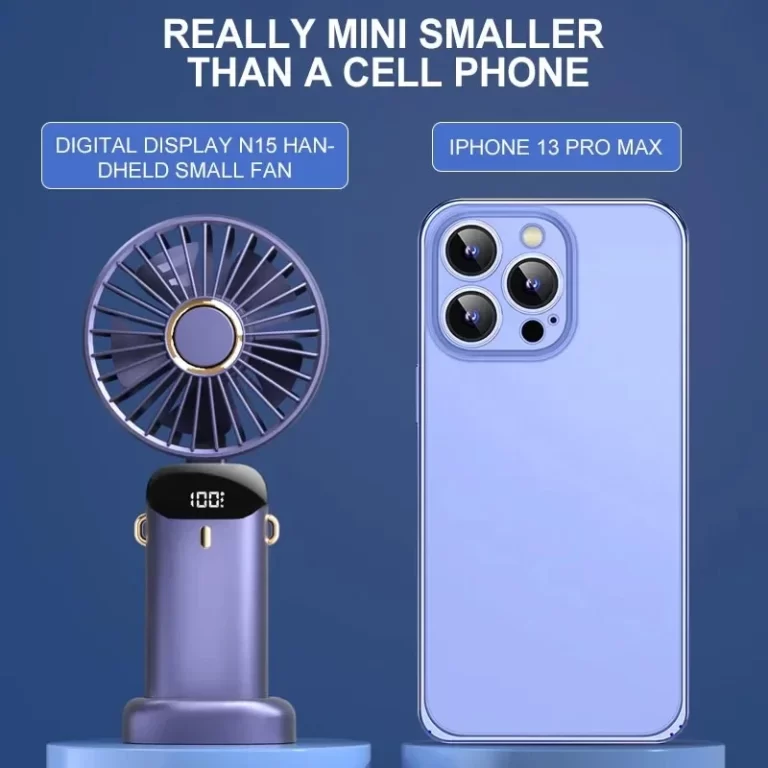 Mini ventilateur portable pliable portable ventilateur suspendu à cou 5 vitesse USB ventilateur rechargeable avec support de téléphone et écran d'affichage 1800mAh – Image 3