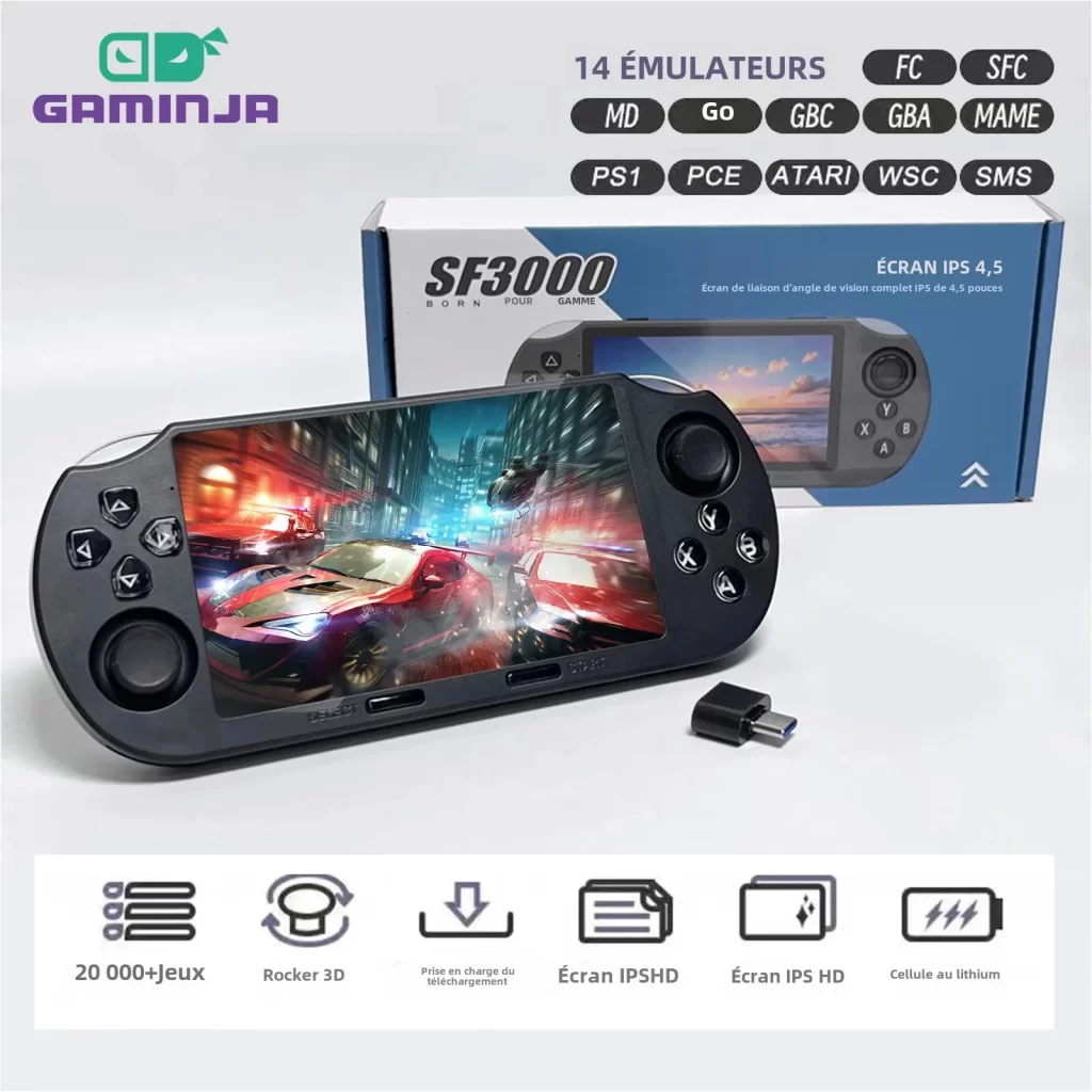 GAMINJA SF3000 4,5 pouces écran IPS Portable lecteur de jeu portable rétro console de jeux vidéo intégré 20000 + jeux pour PS1 / GBA / SFC