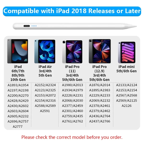 Stylus Pen pour Apple Pencil avec LED Power Indicators Palm Rejection Touch Pencil pour 2022 2021 2020 2019 2018 iPad Pencil – Image 6