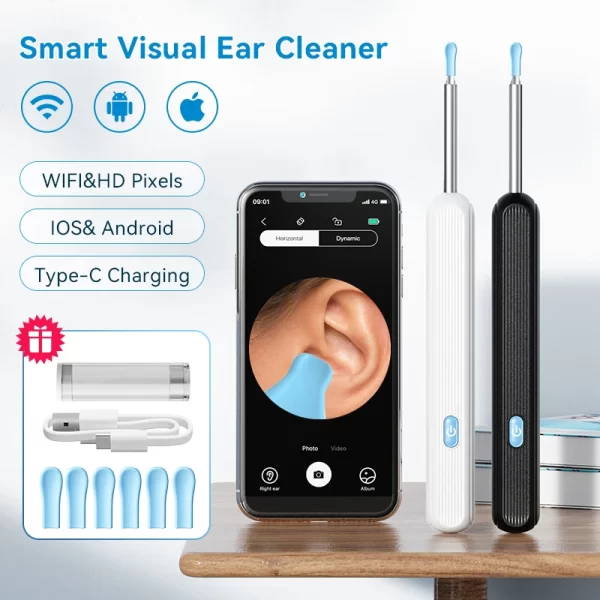 Nettoyeur de cire d'oreille visuelle avec caméra Endoscope d'élimination de cire d'oreille avec caméra 5M Otoscope lumineux Outils de nettoyage de l'oreille Soins de l'oreille – Image 2