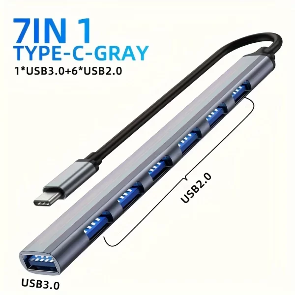 Hub USB C Hub USB 3.0, Aluminium 7 en 1 Extender USB, Splitter USB avec USB 3.0, 4 X USB 2.0 et 2 Ports USB C Distributeur USB – Image 5