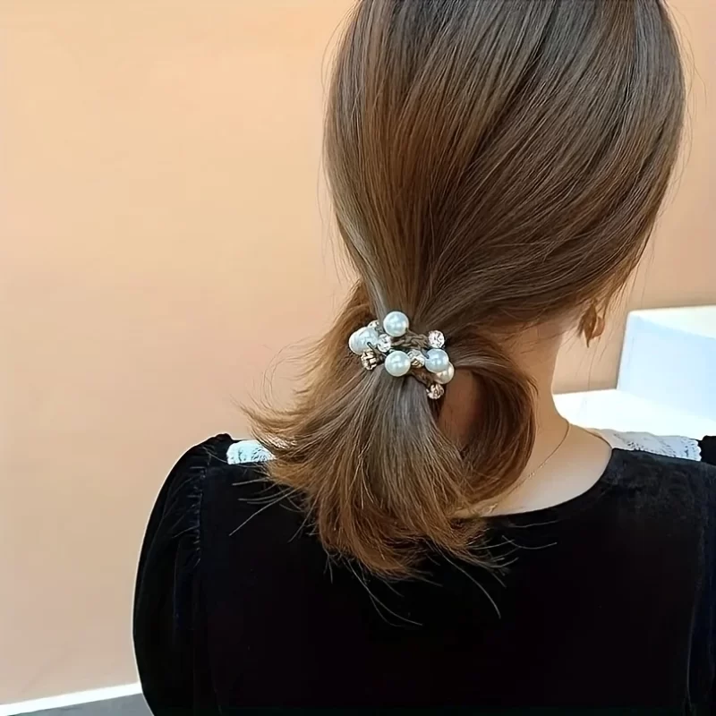 3pc Femmes simple et élégant perle bande de cheveux simple et élégant bande de perle artificielle, bande élastique. – Image 5
