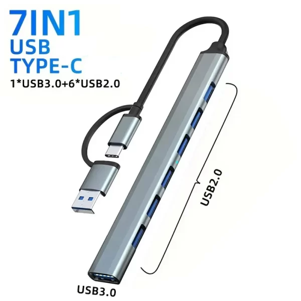Hub USB 3.0 avec 7 ports en alliage d'aluminium Hub USB 2.0 Type C Splitter Extender pour ordinateur portable MacBook Pro Surface Pro et Mor – Image 3