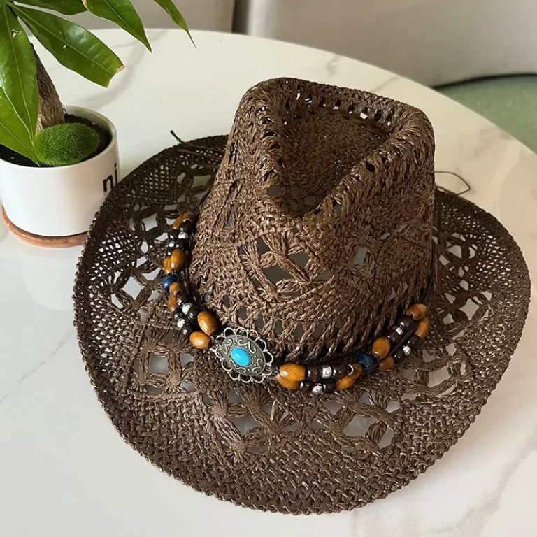 Chapeau de paille bohème d'été vintage femmes hommes chapeaux cowboy occidentaux perles en bois creux chapeau de soleil chapeau de vacances – Image 5