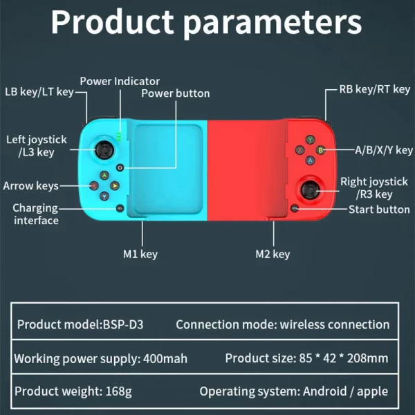 D3 contrôleur de jeu étirable sans fil Bluetooth 5.0 contrôleur de téléphone portable Gamepad pour Samsung Huawei Xiaomi Android IOS – Image 5