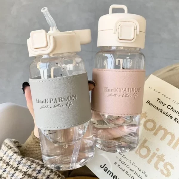 Bouteille d'eau portable de 500ml avec paille créative mignonne bouteille à boire en plastique étanche lait café thé jus tasse de boisson – Image 3
