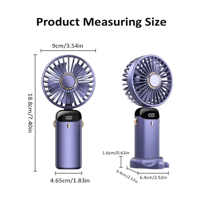 Mini ventilateur portable pliable portable ventilateur suspendu à cou 5 vitesse USB ventilateur rechargeable avec support de téléphone et écran d'affichage 1800mAh – Image 6