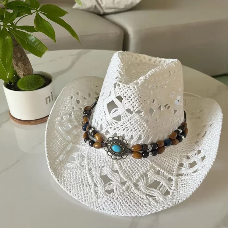 Chapeau de paille bohème d'été vintage femmes hommes chapeaux cowboy occidentaux perles en bois creux chapeau de soleil chapeau de vacances – Image 6