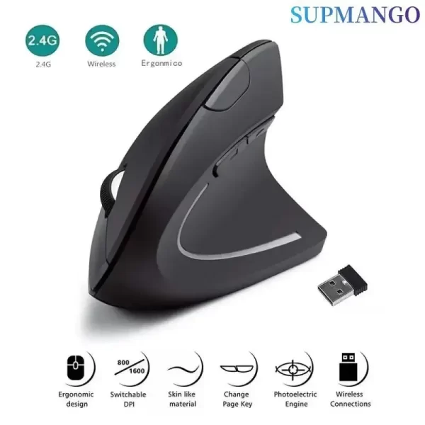 Souris verticale ergonomique 2.4GHz souris optiques sans fil 3 DPI réglable 800 / 1200 / 1600 6 boutons pour ordinateur portable ordinateur de bureau – Image 4