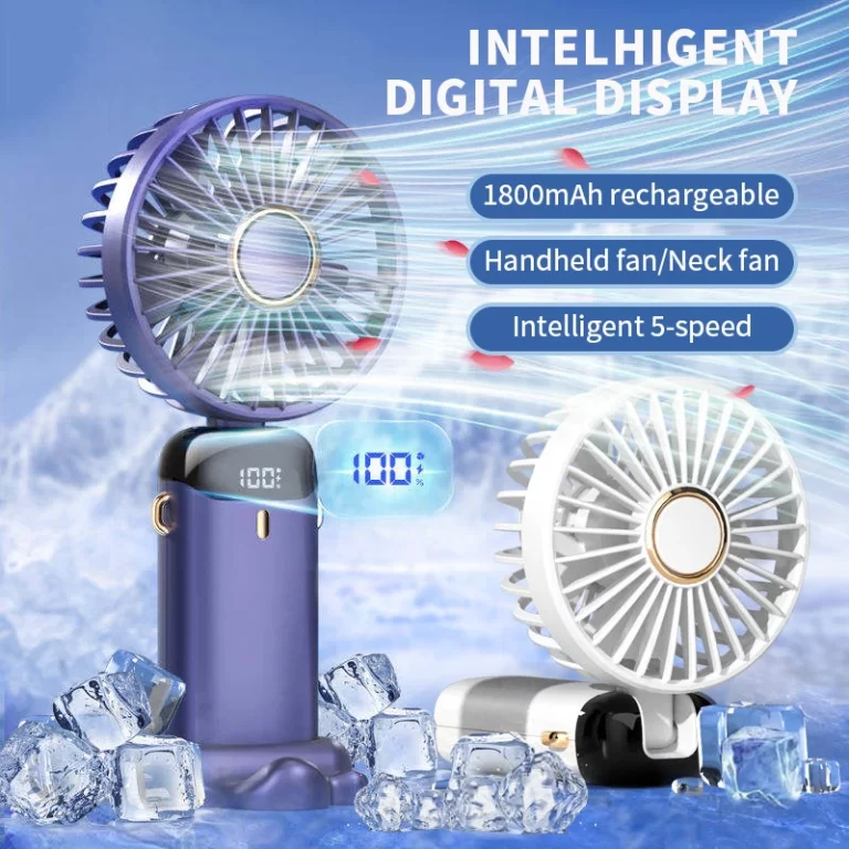 Mini ventilateur portable pliable portable ventilateur suspendu à cou 5 vitesse USB ventilateur rechargeable avec support de téléphone et écran d'affichage 1800mAh – Image 2