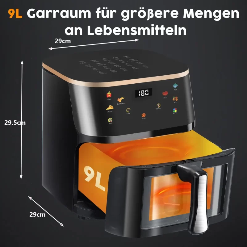 9L Digital Display Air Fryer Toaster Oven Combo with 6 Cooking Presets Oilless Cooker,Visible Window,Dishwasher Safe Basket – Image 2