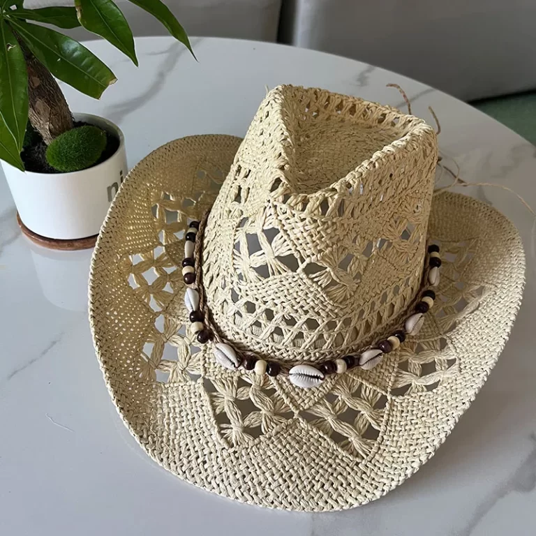 Chapeau de paille bohème d'été vintage femmes hommes chapeaux cowboy occidentaux perles en bois creux chapeau de soleil chapeau de vacances – Image 9