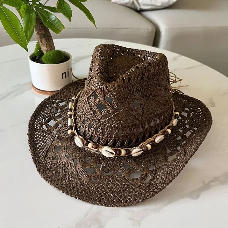 Chapeau de paille bohème d'été vintage femmes hommes chapeaux cowboy occidentaux perles en bois creux chapeau de soleil chapeau de vacances – Image 8