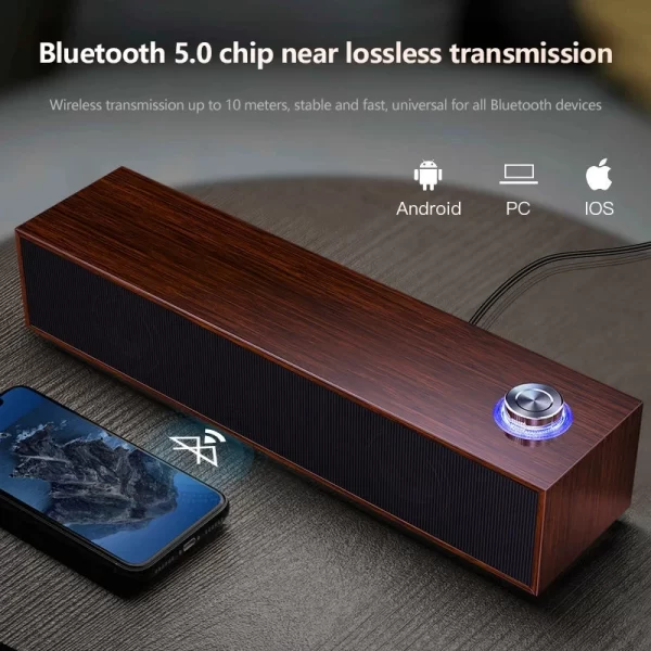 Haut-parleurs en bois câblés haut-parleurs Bluetooth avec multimédia pour boîte son de bureau subwoofer barres son fortes basses hifi – Image 2