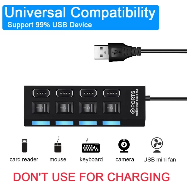 Haute vitesse 4 / 7 ports USB HUB 2.0 Adaptateur Expander Multi USB Splitter Multiple Extender avec commutateur de lampe LED pour ordinateur portable PC – Image 4