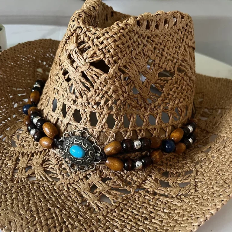 Chapeau de paille bohème d'été vintage femmes hommes chapeaux cowboy occidentaux perles en bois creux chapeau de soleil chapeau de vacances – Image 4