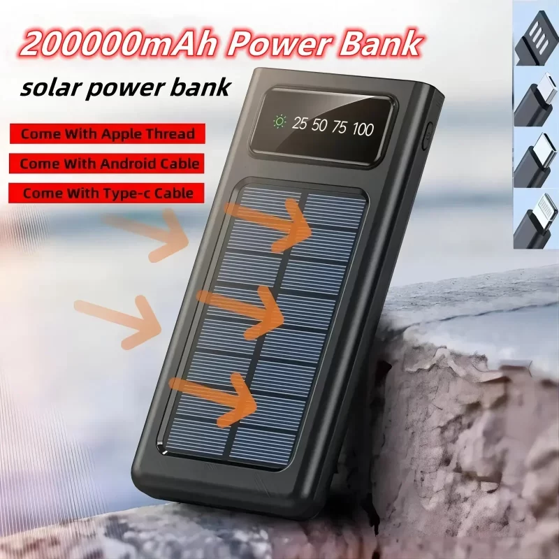 Xiaomi 200000mAh Solar Power Bank Ultra Capacité USB 4 in1 Charge Super Rapide USB TypeC LED Lumière Banque d'alimentation extérieure pour iPhone – Image 2