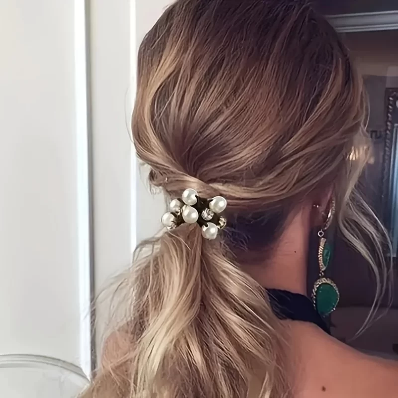 3pc Femmes simple et élégant perle bande de cheveux simple et élégant bande de perle artificielle, bande élastique. – Image 3