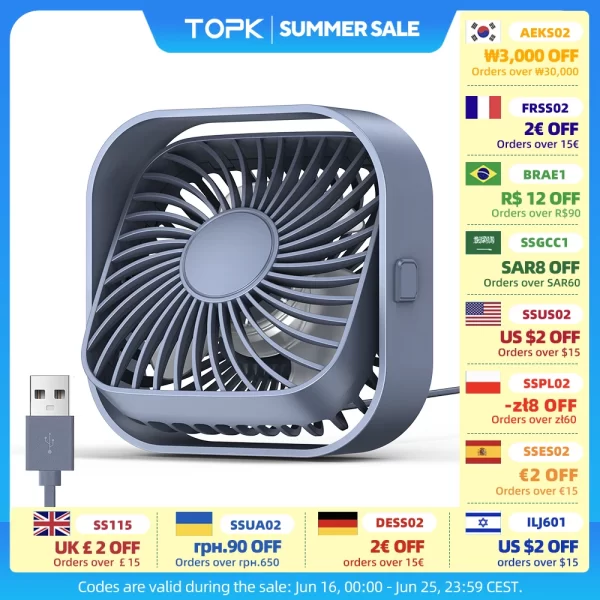 TOPK Mini ventilateur portable USB ventilateur de bureau Table de ventilateur Airflow fort & Operation silencieuse 3 vitesse Vent 360 ° Rotatable ventilateurs permanents pour la pièce Maison – Image 2