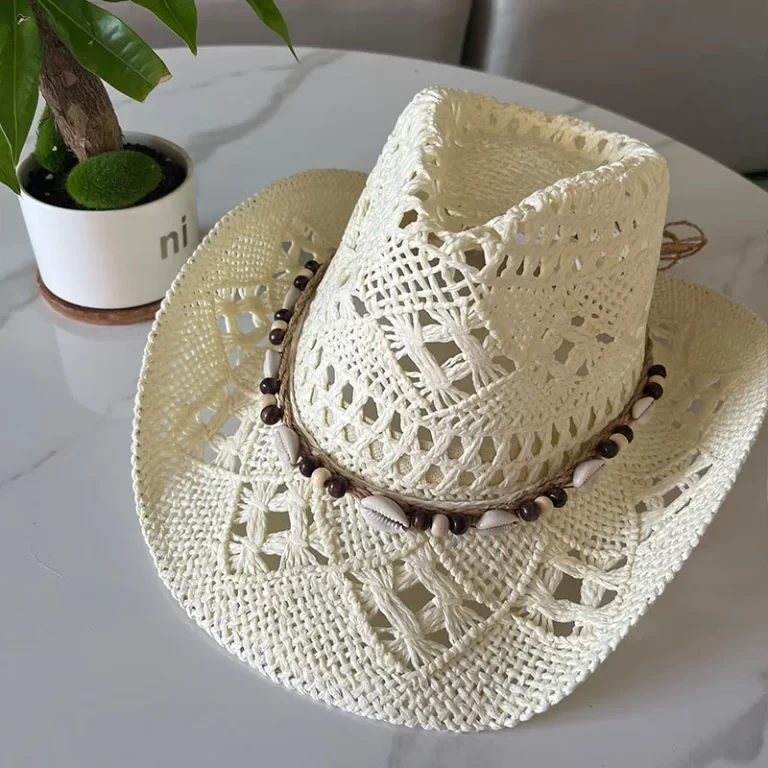 Chapeau de paille bohème d'été vintage femmes hommes chapeaux cowboy occidentaux perles en bois creux chapeau de soleil chapeau de vacances – Image 10