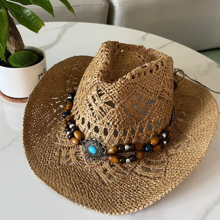 Chapeau de paille bohème d'été vintage femmes hommes chapeaux cowboy occidentaux perles en bois creux chapeau de soleil chapeau de vacances – Image 2