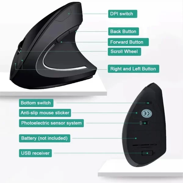 Souris verticale ergonomique 2.4GHz souris optiques sans fil 3 DPI réglable 800 / 1200 / 1600 6 boutons pour ordinateur portable ordinateur de bureau – Image 2
