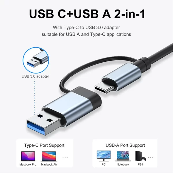Hub USB C Hub USB 3.0, Aluminium 7 en 1 Extender USB, Splitter USB avec USB 3.0, 4 X USB 2.0 et 2 Ports USB C Distributeur USB – Image 2