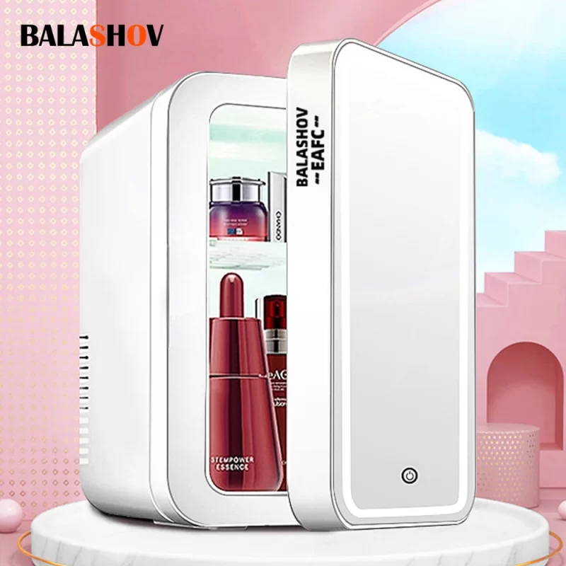4L mini maquillage réfrigérateur avec miroir de lumière LED Portable de stockage de cosmétiques réfrigérateur Gardez frais Cooler pour la maison voiture à double usage – Image 2