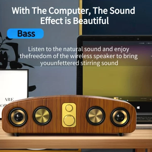 Haut-parleurs de bureau sans fil (grain de bois), haut-parleurs portables, stéréo 3D et subwoofer, musique, cadeaux d'amplification assistée par film – Image 6