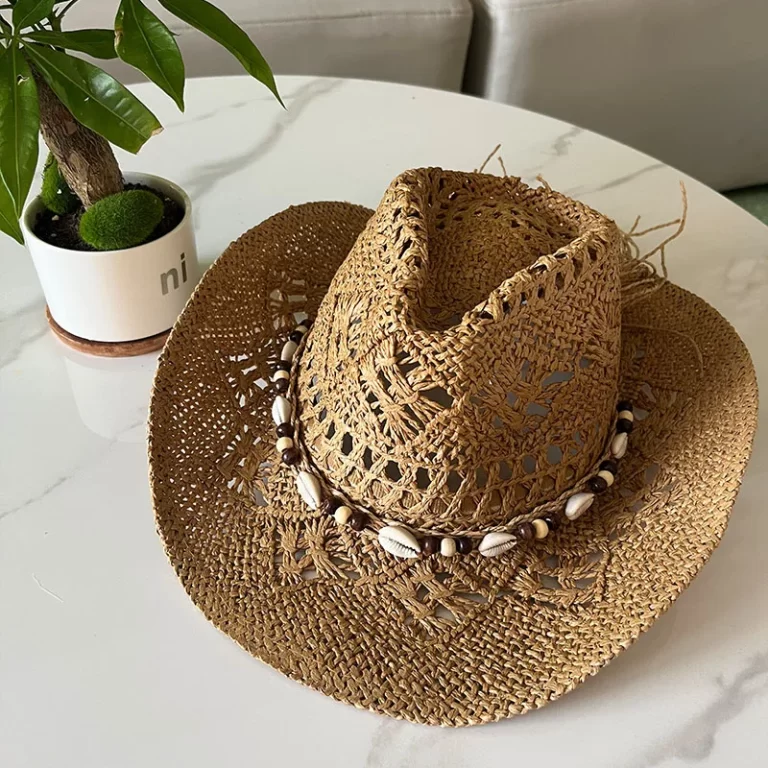 Chapeau de paille bohème d'été vintage femmes hommes chapeaux cowboy occidentaux perles en bois creux chapeau de soleil chapeau de vacances – Image 7