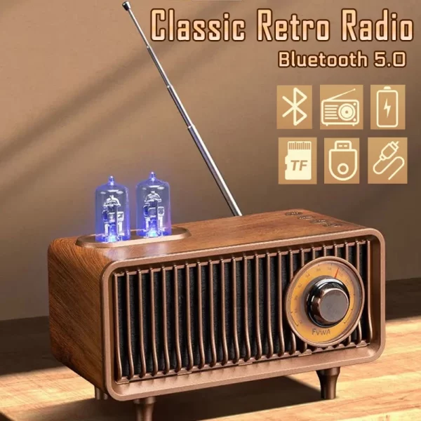 Retro Wood Radio Wireless Bluetooth Speaker Subwoofer Music Player with LED Light Support Handsfree TF Card U Disk AUX Play – Image 3