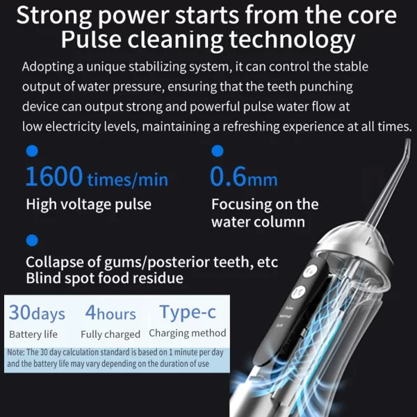 Irrigateur buccal, 3 Modes de nettoyage, Portable, Rechargeable, étanche IP65, fil dentaire, blanchiment des dents, Jet, 200ML – Image 5