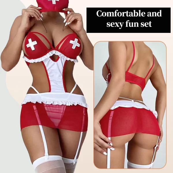 Ensemble de robe rouge d'infirmière de jeu de rôle pour femmes, vêtements de Cosplay Sexy en maille intégrée, coupe cintrée, meilleure vente, dernière collection – Image 4