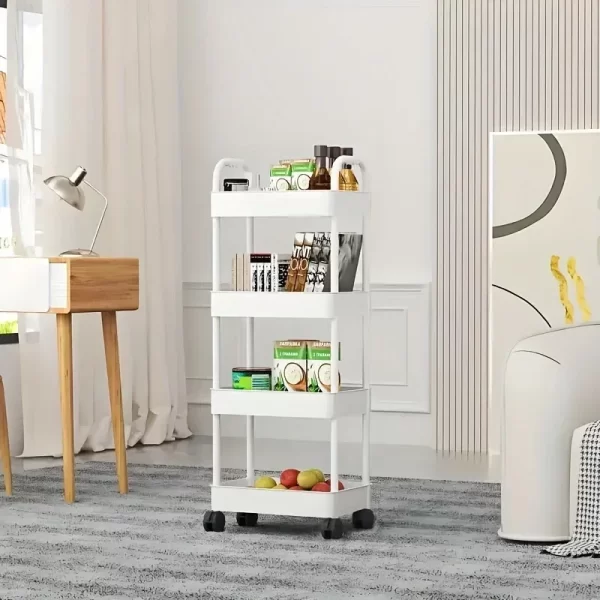 Chariot de rangement roulant blanc multifonctionnel, avec étagères ouvertes, pour salon, livres, cuisine, chambre à coucher, 2025 – Image 3