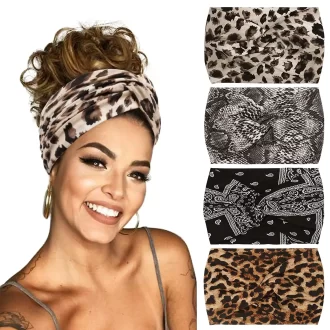 Bracelets de yoga pour les cheveux des femmes Large épaisse élastique boho turban africain noué bande de tête léopard