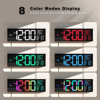 Grande horloge murale numérique de 16 pouces, grand écran LED avec télécommande, 8 couleurs RVB, alarme, heure d'été, température pour salon, cuisine