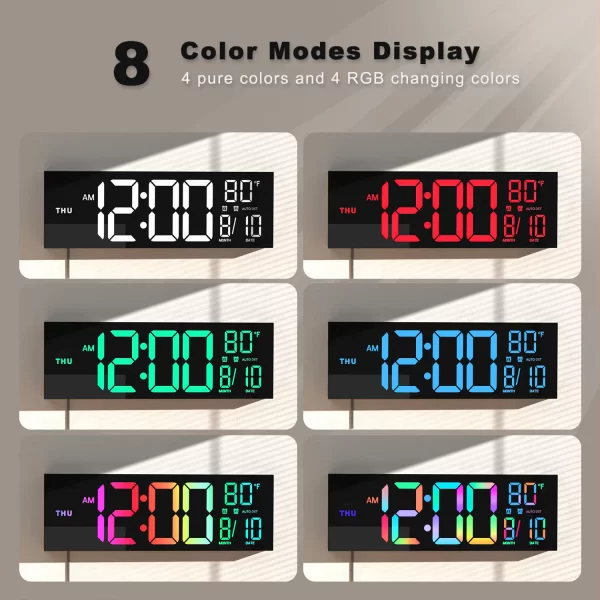 Grande horloge murale numérique de 16 pouces, grand écran LED avec télécommande, 8 couleurs RVB, alarme, heure d'été, température pour salon, cuisine
