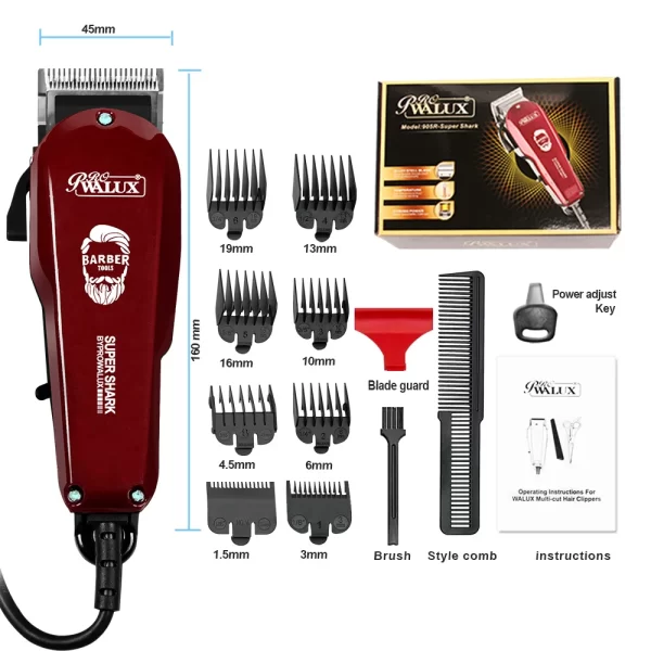 WALUX professionnel AC220-240V tondeuse à cheveux 10W puissant tondeuse à cheveux maison homme rasoir 2M câble Machine de coupe de cheveux 8 peignes de garde – Image 6