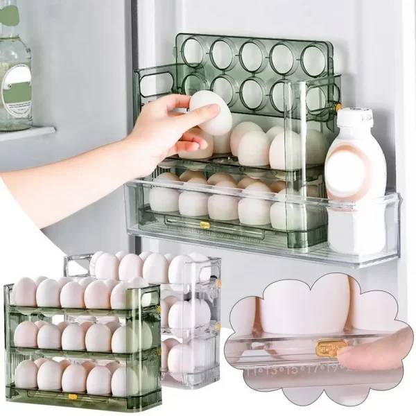 Boîte de rangement pour réfrigérateur d'œufs de cuisine de grande capacité, organisateur de plateau à œufs multicouche Portable, porte-œufs pratique à ouverture/fermeture – Image 3