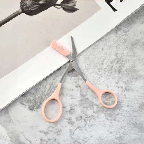 Ciseaux de coupe de sourcils roses avec peigne intégré - acier inoxydable, outil de toilettage précis, créant des sourcils parfaits – Image 3