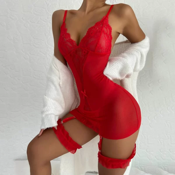 Dames Lingerie vêtements de nuit Sexy femmes dentelle nuisette robe nuisette sous-vêtements porte-jarretelles maille Sexy Costume vêtements de nuit – Image 4