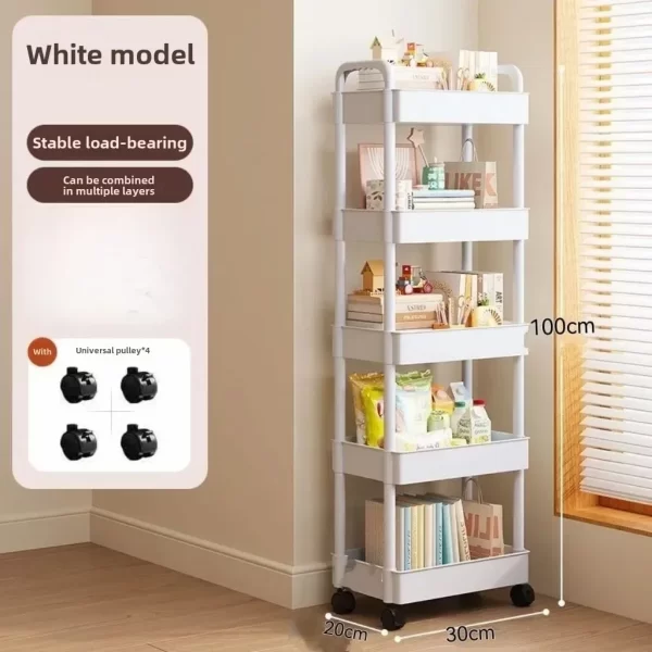 Chariot de rangement roulant blanc multifonctionnel, avec étagères ouvertes, pour salon, livres, cuisine, chambre à coucher, 2025 – Image 5