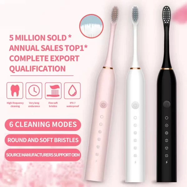 Brosse à dents électrique sonique pour adultes, étanche IPX7, tête de brosse DuPont, aste par USB, livres morts élevés, 6 modes de livres – Image 2