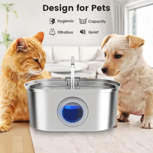 La fenêtre de distributeur d'eau pour chat en acier inoxydable de 3,2 L a un niveau d'eau, qui peut être observée, adaptée à de nombreux chats et de chiens – Image 4